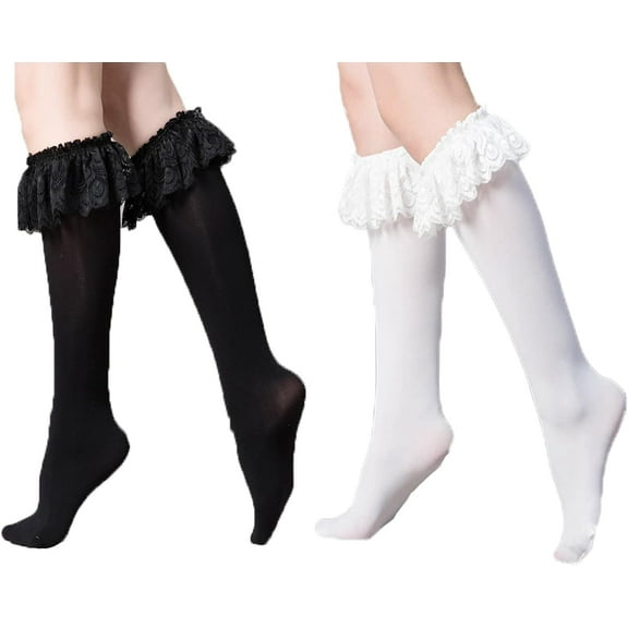 YooGuoGuo 2 Pairs Lace Knee High Socks Lace Pile Middle Socks Ruffle Velvet Socks Black and White for Women Lady Grils