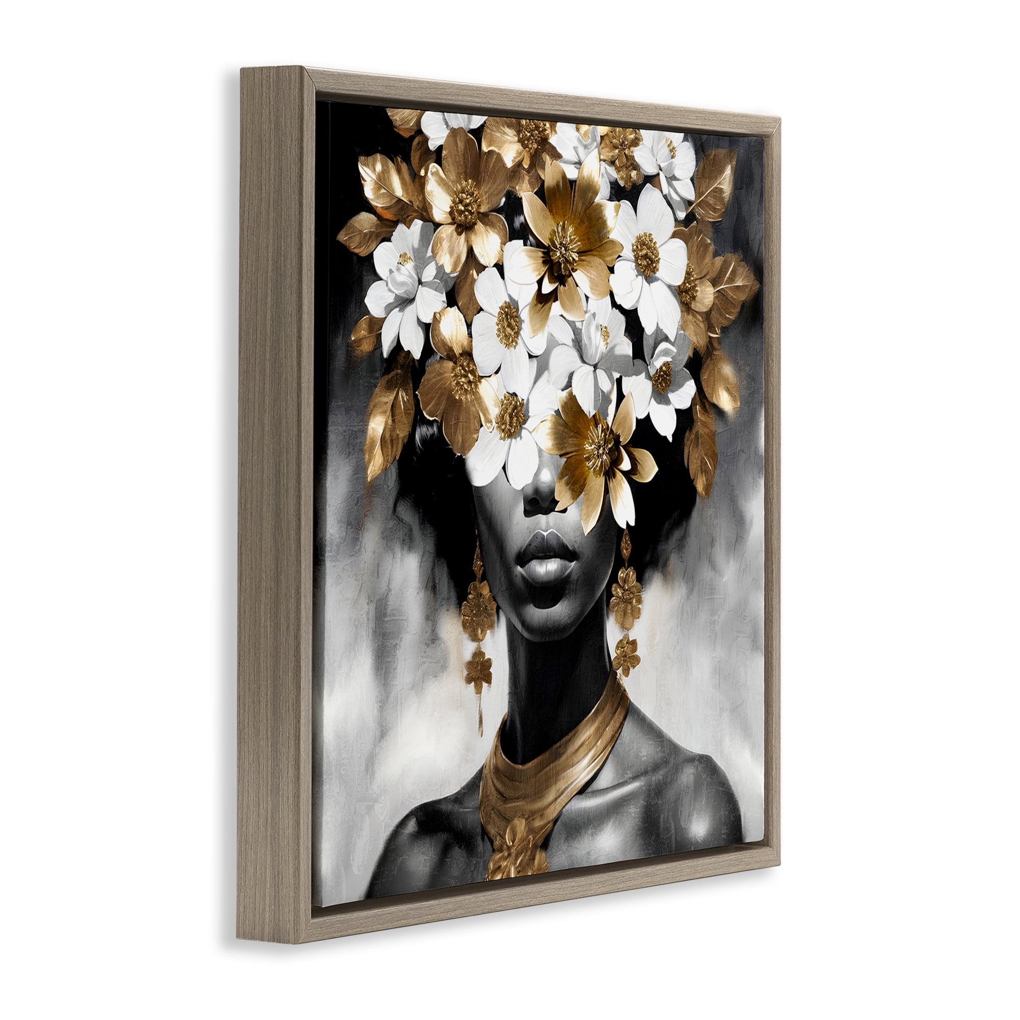 Stupell Industries Woman & Gold Flowers People Painting Brown Floater Framed Canvas Art Print Wall Art, 18 x 18