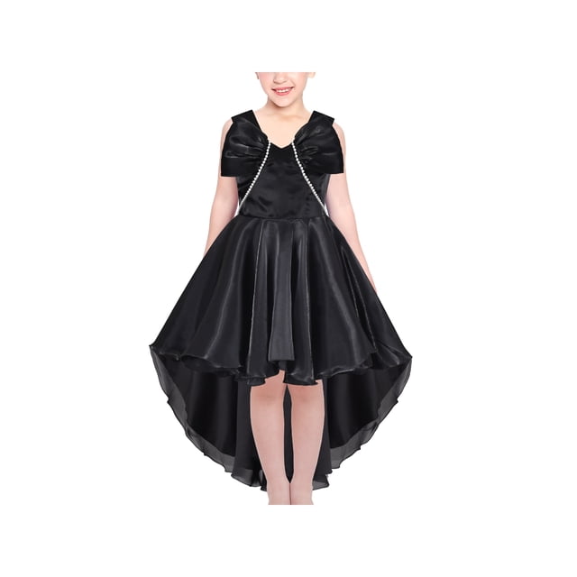 Robe Fille Noire Hi-lo Perle Organza Nœud Papillon Robe de Bal Formelle 12 Ans