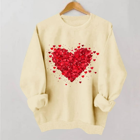 Uootdi Love Heart Print Graphic Sweatshirts for Women Crewneck Holiday Pullover Tops Funny Casual Loose Spring Tops Festival Shirts Gift