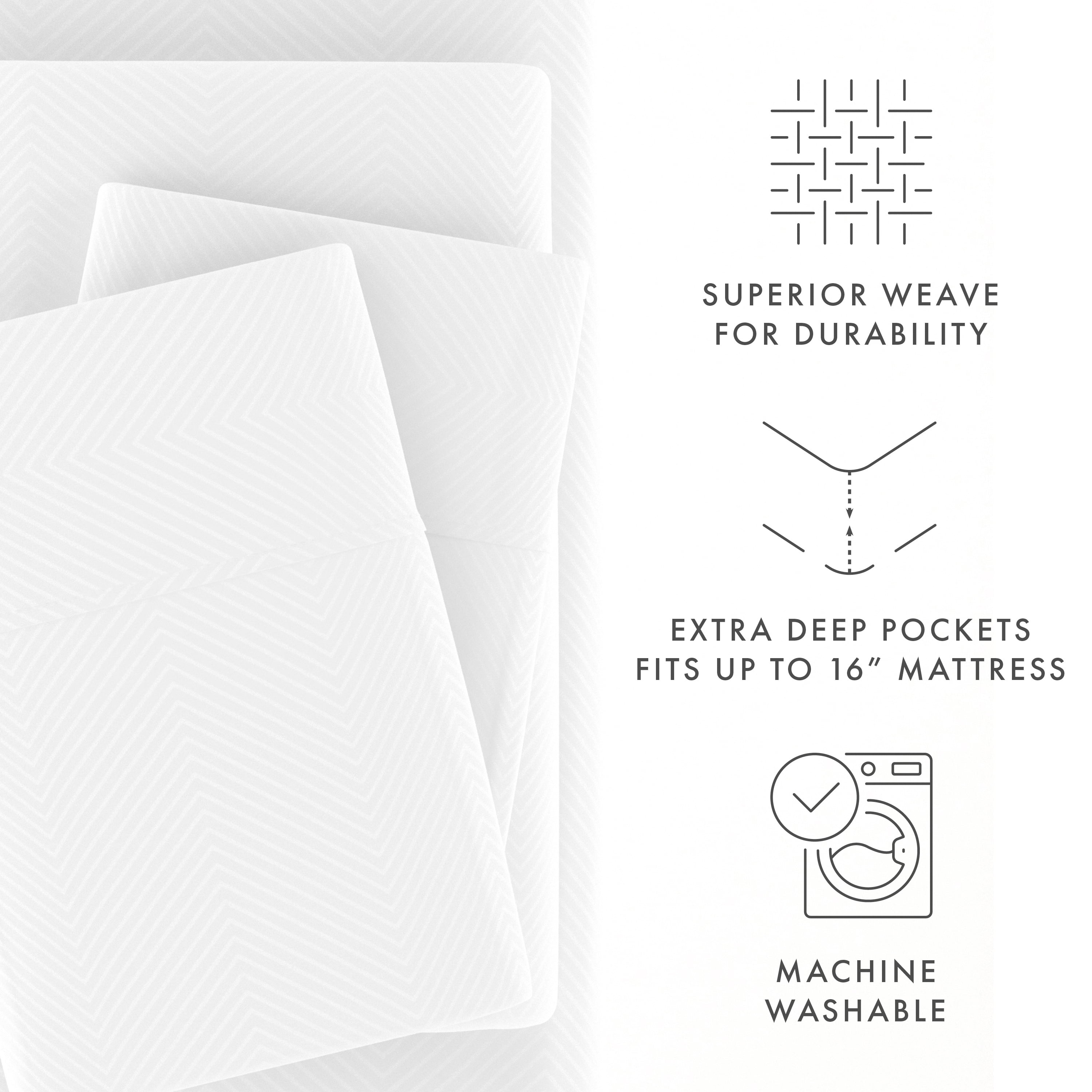 Noble Linens 4 Piece White Chevron Embossed Bed Sheet Set, Queen