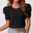 thumbnail image 3 of Camiseta Cuello Redondo Puff Manga Corta Recortada Jacquard Liso Moda Slim Fit Summer Top Negro XL, 3 of 7