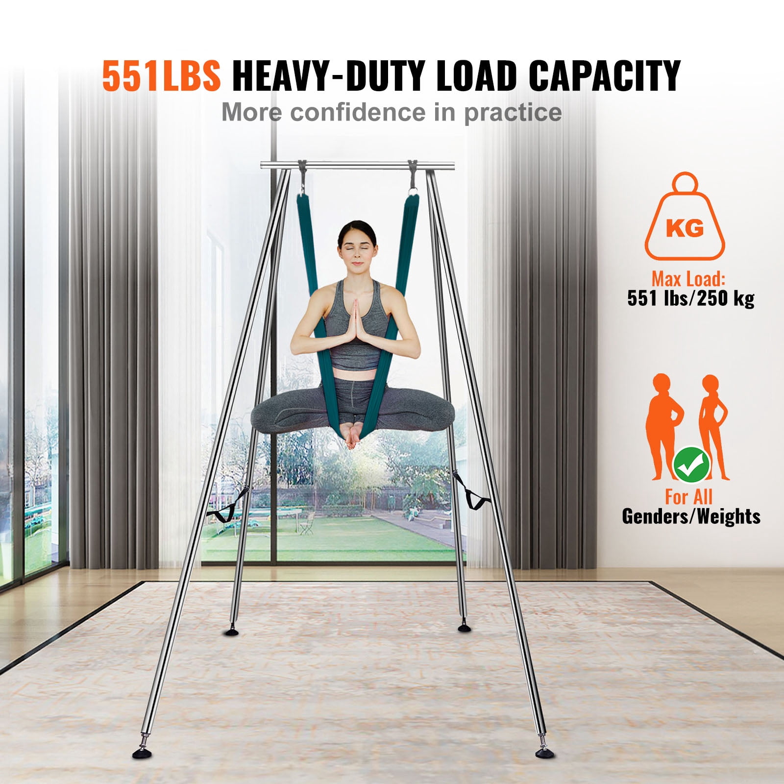 KFFKFF Aerial Yoga Structure & Hammock, 9.67 ft Tall Professional Yoga Swing Support Includes 6.6 Yards Aerial Hammock, Max 551.15 lbs Weight Limit Yoga Apparatus for Aerial Yoga, Green