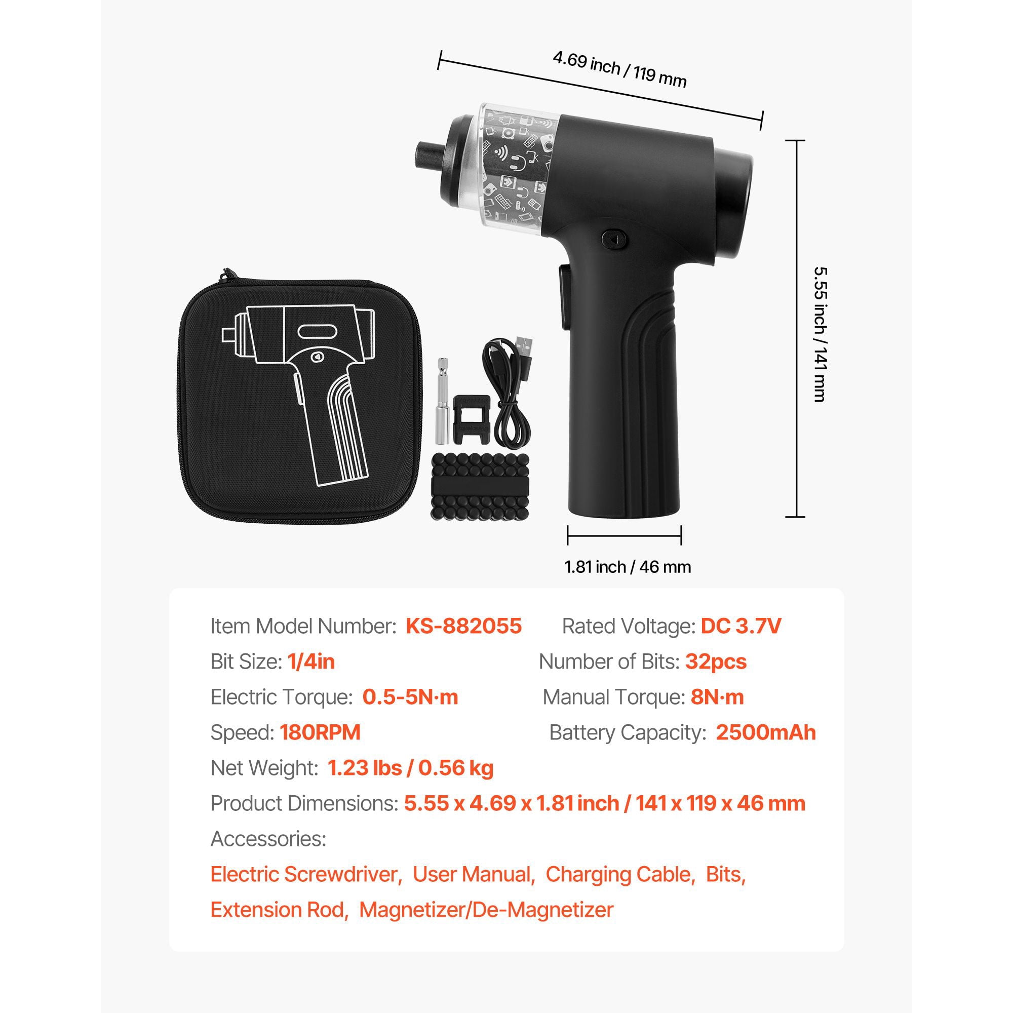 Dranite Electric Screwdriver Set, 32-Piece with Torque Control (0.5-5 N.m) & Digital Display, 2500mAh Cordless, LED Light, Type-C Charging for Furniture & Electrical Repair