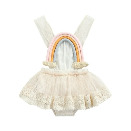 

Musuos Baby Girls Casual Romper White Rainbow Pattern Long Sleeve/ Sleeveless One-piece with Skirt Hem 0-24 Months