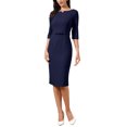 thumbnail image 2 of INSPIRE CHIC Work Dresses for Women 3/4 Sleeve Boat Neck Elegant Belted Formal Midi Dress M Navy Blue, 2 of 6