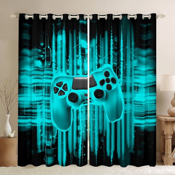 Homewish Futuristic Game Console Black Out Curtains, Cyan Gamepad Gamer Curtains Pack of 2 (42x63 Each), Teens Kids Girls Boys Bedroom Curtains, Curtains and Drapes Decor