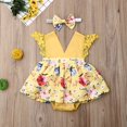thumbnail image 1 of Bébé Fille Sans Manches Imprimé Fleur Romper Combinaison Bowknot Bandeau 2Pcs Vêtements, 1 of 4