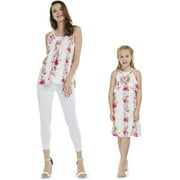 Matching Hawaiian Luau Mother Daughter Tank Top and Ruffle Dress in Pink Hibiscus Vine