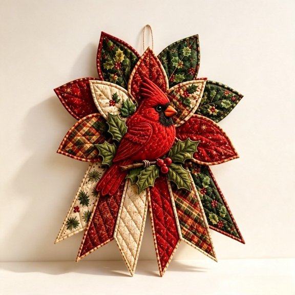 Festive Quilted Christmas Door Hanging DIY Sewing Kit,Scarlet Cardinal Song | 3D Padded Patchwork Sewing Set for Beginners, DIY Christmas Fabric Wall Hanging Kit