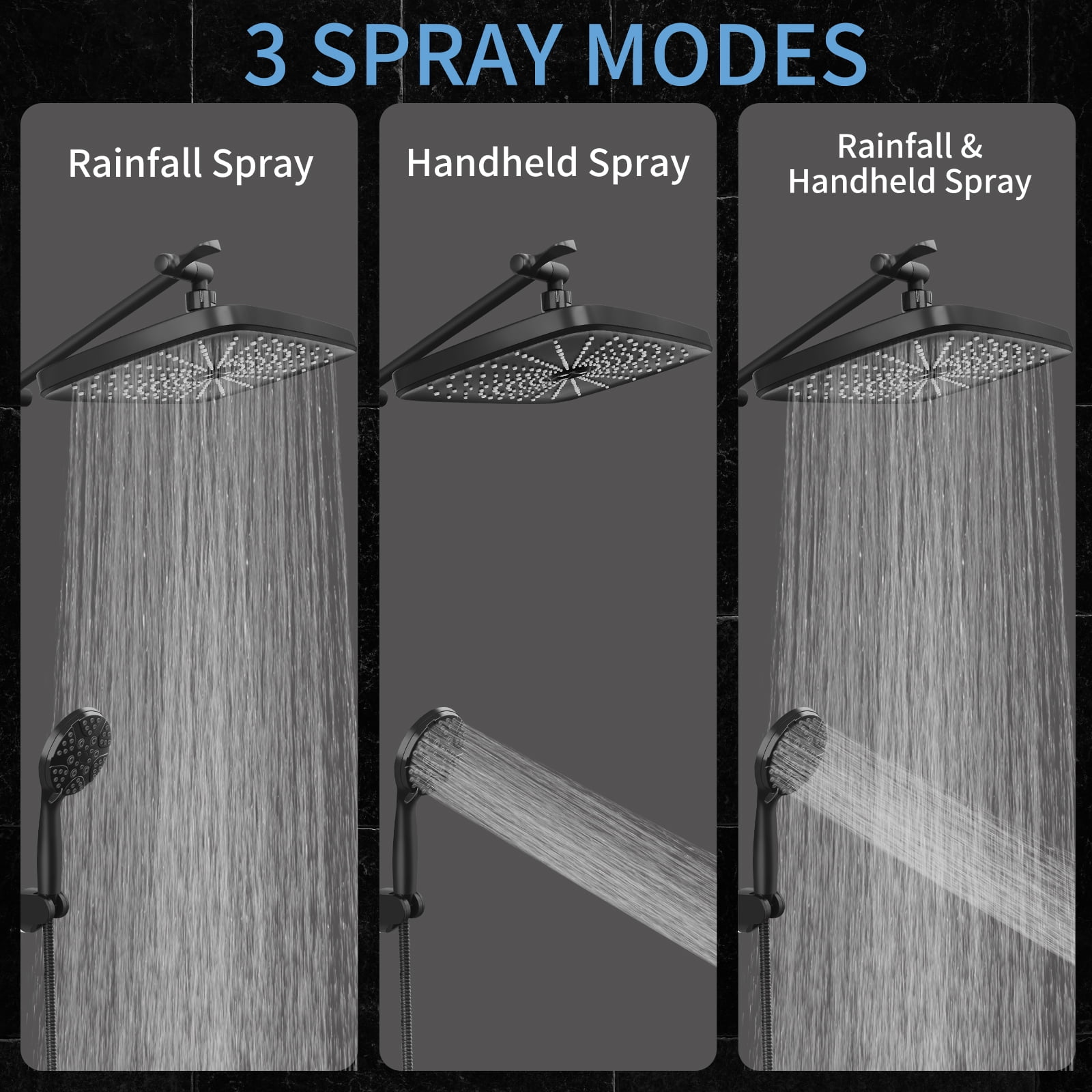 PHANCIR 12 Inch Rain Shower Head Combo, High Pressure Rainfall with Ajustable Extension Arm, 7 Modes Handheld Showerhead for Bathroom, Black