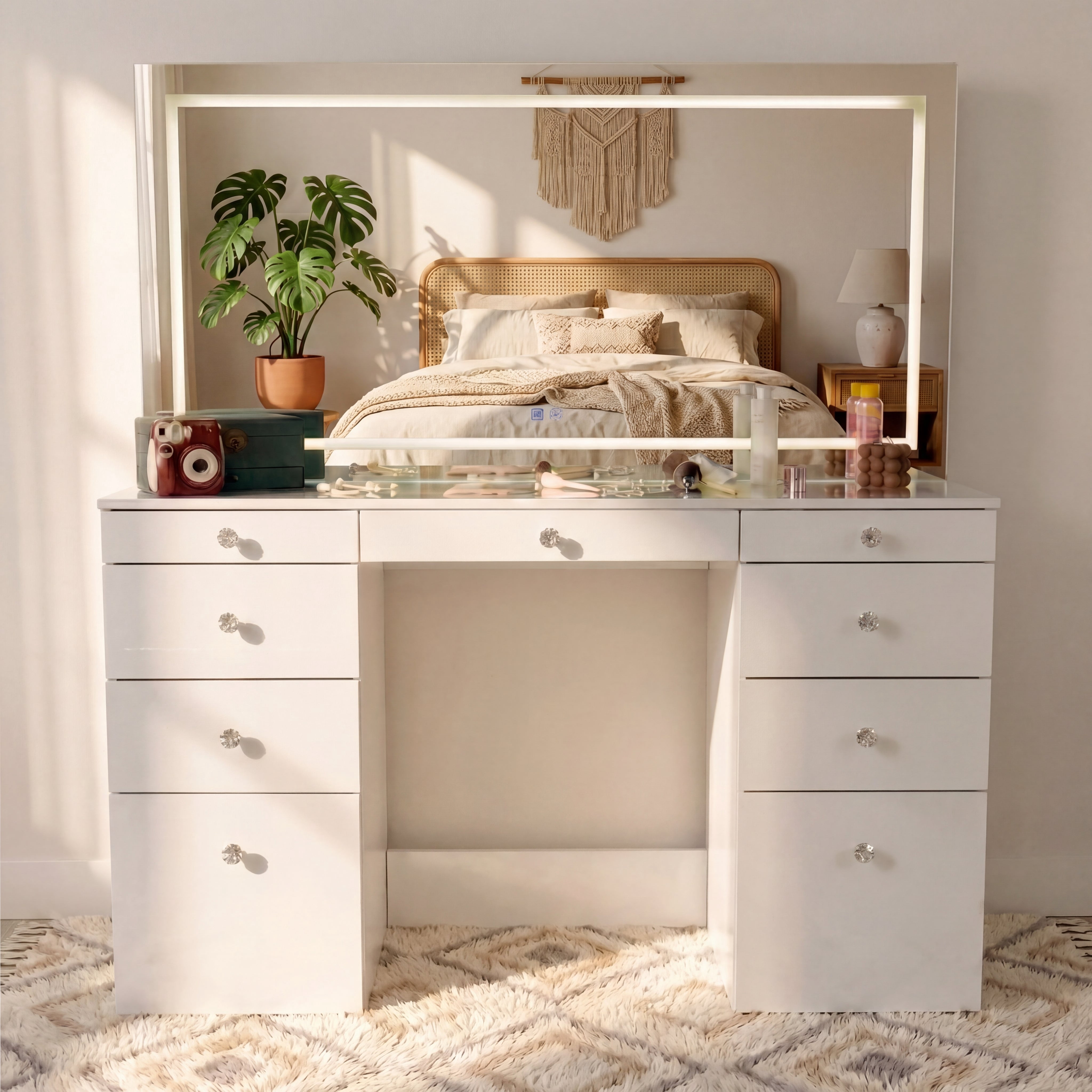 Boahaus Elara Extra Large Vanity Desk with Mirror and Lights – 11 Drawer Makeup Vanity Table with Storage, Power Outlet and Built-In Speakers