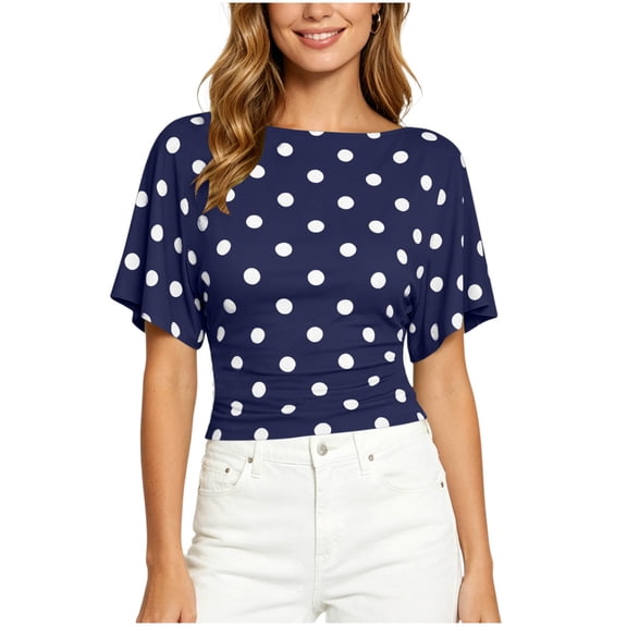 hlysgo Womens Short Sleeve Tops Casual Tie Back Cinched Waist T Shirts Summer Trendy Boat Neck Blouse Blue,M