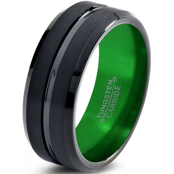 P. Manoukian Tungsten Wedding Band Ring 10mm for Men Women Green Black Beveled Edge Brushed Polished Lifetime Guarantee Size 4