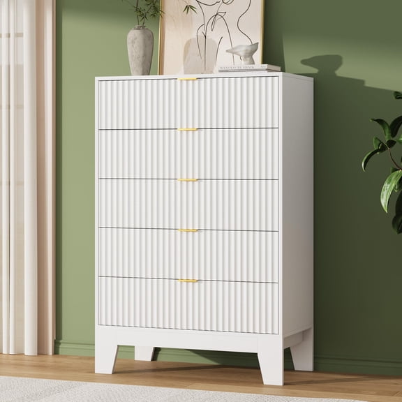 Modern Fluted 5-Drawer Dresser - Wide Wooden Chest with Metal Handles - Clothes Storage Organizer & TV Stand - Bedroom, Living Room, Hallway