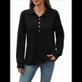 thumbnail image 3 of Blusas Holgadas de Larga con Botones y Solapa de Color Liso para Mujer, Otoño e Invierno Negro XXL, 3 of 10