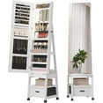thumbnail image 2 of Homhougo Mirror Jewelry Cabinet LED, 360° Rotating 66" Full-Length Mirror Jewelry Standing With Storage Shelf & Drawer, Floor Standing Jewelry Organizer Cabinet With Wheels,White, 2 of 8