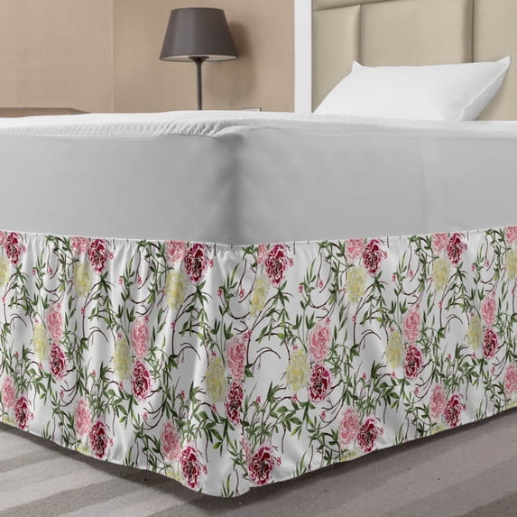 Floral Bed Skirt, Hand Drawn Art Like Wild Colorful Blooming Flowers Leaves and Long Twigs, Elastic Bedskirt Dust Ruffle Wrap Around for Bedding Decor, 4 Sizes, White and Multicolor, by Ambesonne