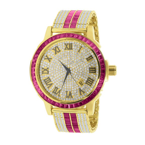 Mens Roman Numeral Pink Dial Solid Steel Bezel Gold Tone Simulated Diamond Custom Adjustable Band Watch W/Date