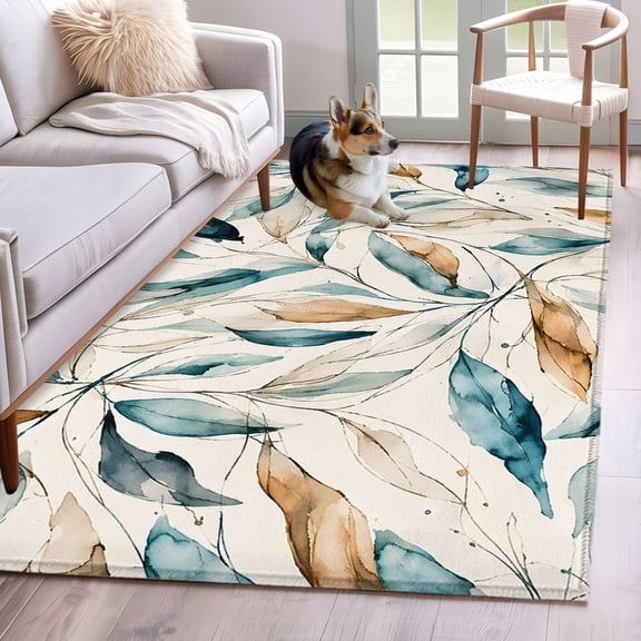 Tropical Leaves Area Rug 4'x6', Modern Simple Abstract Botanical Watercolor Washable Non-Slip Rugs, Low Pile Large Carpet for Living Room Bedroom Dining Room Kitchen Office Indoor Mat