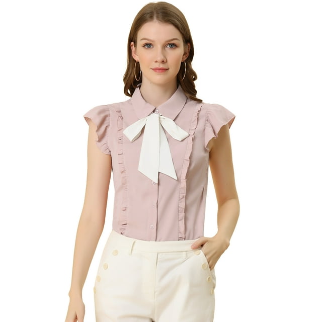 INSPIRE CHIC Women's Ruffle Bow Tie Chiffon Top Peter Pan Collar Button Down Shirts Pink M
