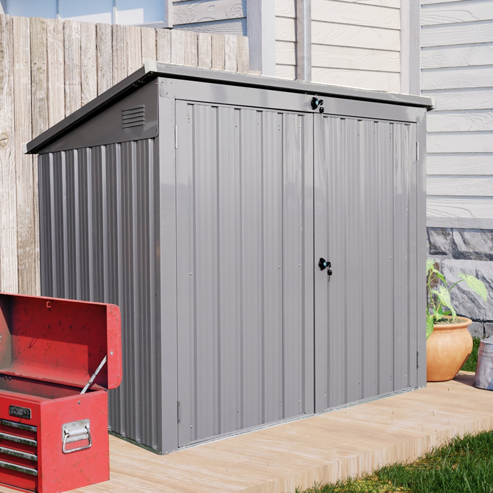 Witaxima Metal Outdoor Garbage Bin Shed for 2 Trash Cans, 62.25"L x 40"W x 52.75"H, Galvanized Steel Storage Shed for Garden/Yard, Lockable Door & Sloped Roof, Gray