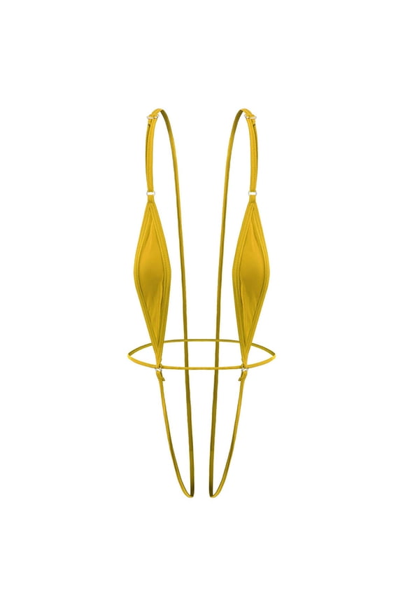 Women Minimalist Micro Thong Bikini Set Adjustable Straps Solid Lingerie for Beach or Pool Party Yellow Free Size