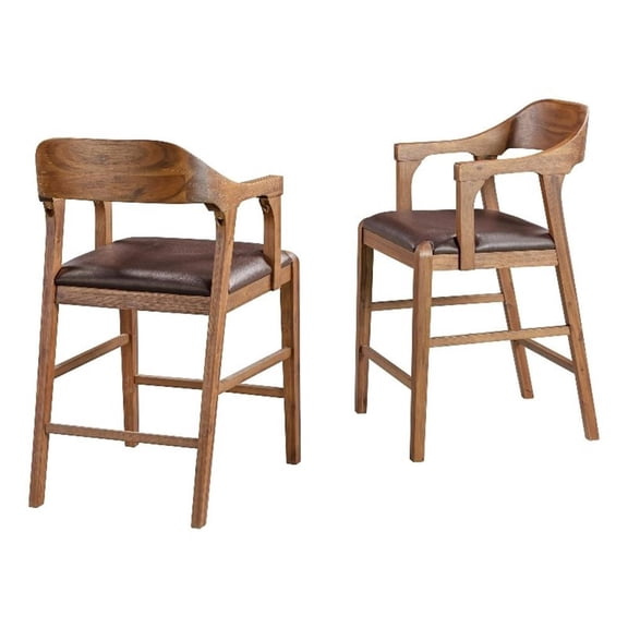 Benjara Rase 24" Counter Stool Chair- Faux Leather- Open Back- Brown Wood