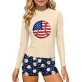 thumbnail image 2 of dazeni Girls 4th of July Swimsuit American Flag Patriotic Rash Guard Set Two Piece Long Sleeve Beach Summer Vacation Swimwear Independence Day Outfits Beige, 2 of 8