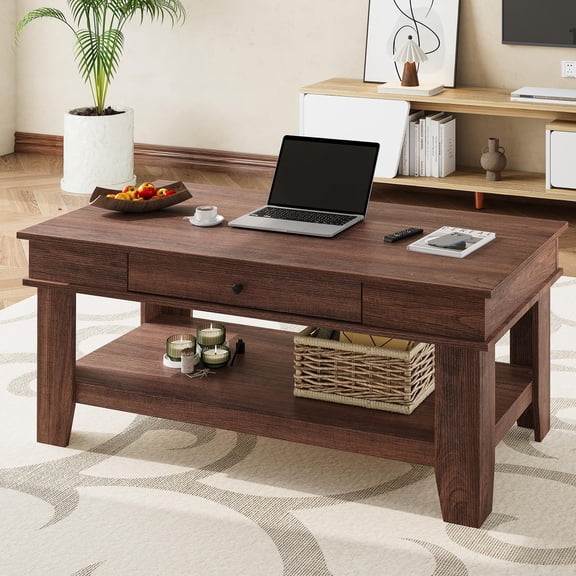47.2" Rustic Coffee Table with Drawer & Storage Shelf – Sturdy Center Table for Living Room, Holds 300 lbs, Easy to Clean