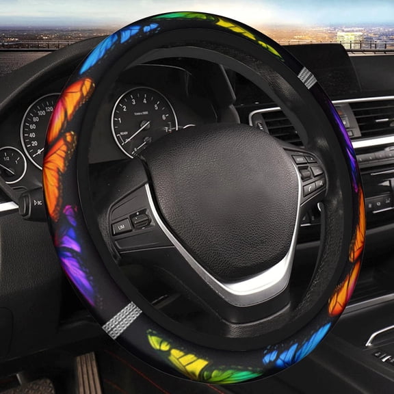 Car Steering Wheel Cover for Women Men, Non-Slip Breathable Steering Wheel, Colorful Butterfly Steering Wheel Protector, Car Accessories, Universal 14" 02/2-15" Fit Auto, Suvs