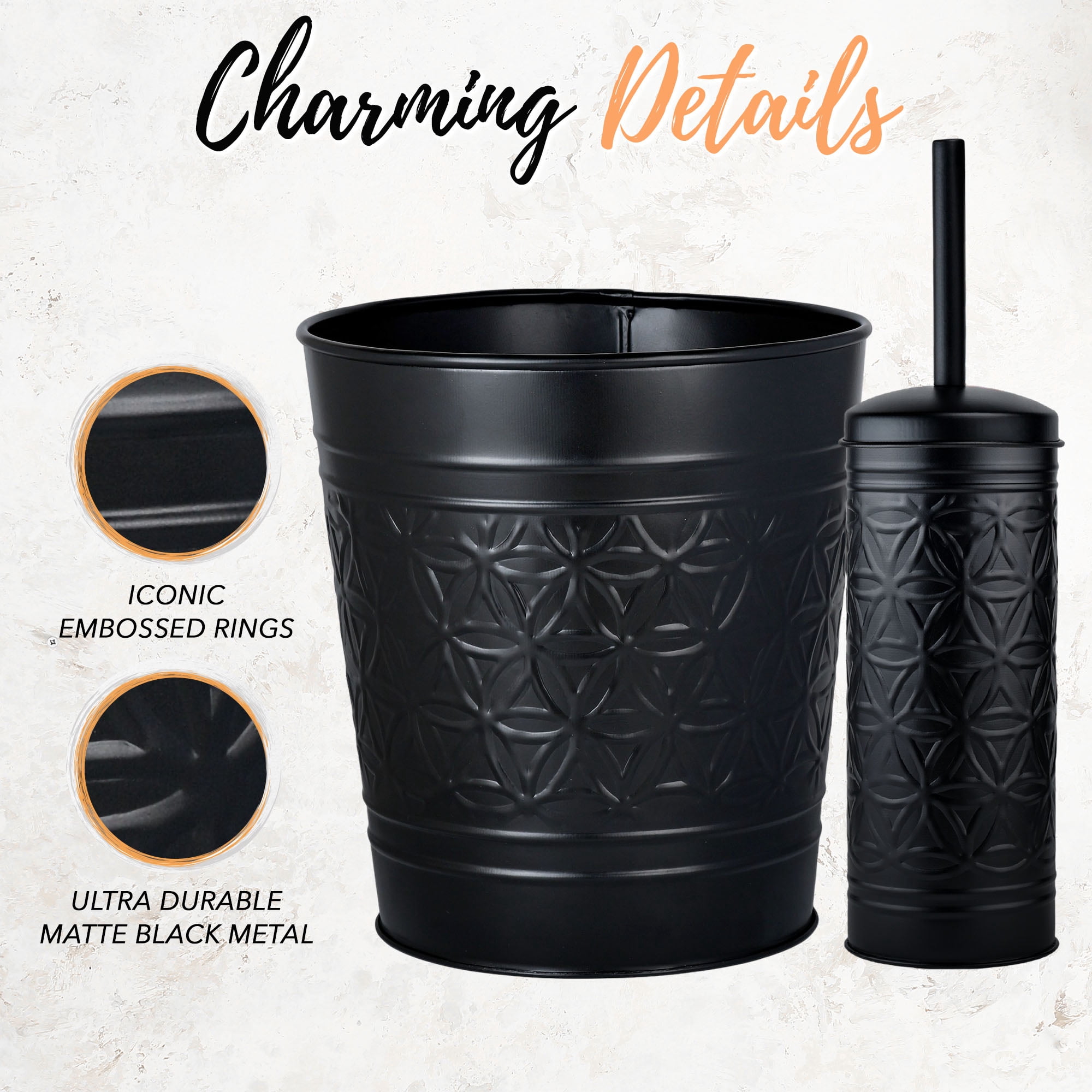 Autumn Alley Black Metal Trash Can & Toilet Brush Set, Matte Black Bathroom Accessories Set