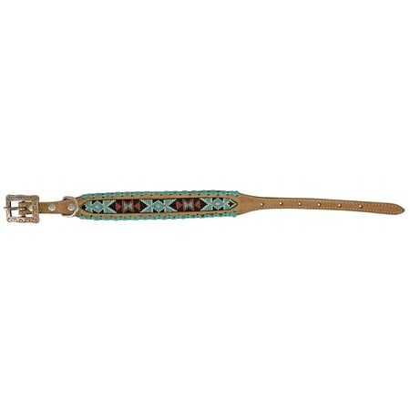 Showman Couture Leather Dog Collar w/ Beaded Inlay & Teal Rawhide Lacing (Large)