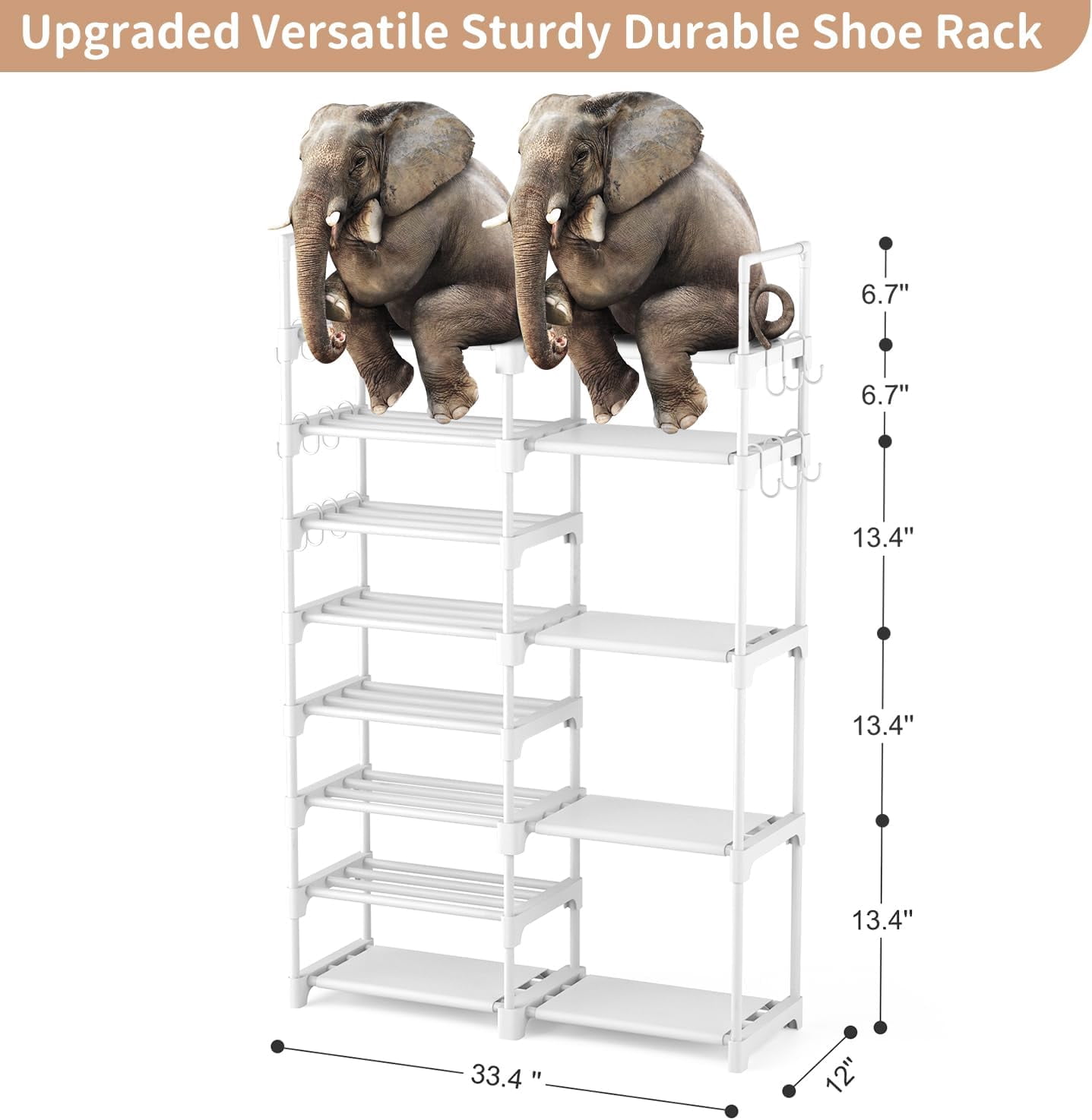 Shoe Rack Organizer, 8-Tier Metal Shoe Rack for Closet Entryway Garage, 26-32 Pairs Tall Shoe Boot Storage Shelf with 15 Hooks, Stackable Large Shoe Stand