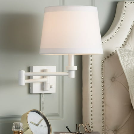 

360 Lighting Modern Vero Swing Arm Wall Lamp White Metal Plug-in Light Fixture Hardback Tapered Drum Shade for Bedroom Bedside Living Room Reading