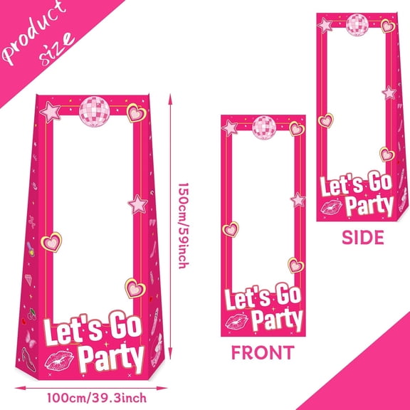 Hot Pink Photo Booth Props Let's Go Party Birthday Photo Frame 5ft Tall Stand-in Cardboard, Pink Princess Doll Theme Decor for Girls Birthday Party Supplies(59 * 39.3inches)