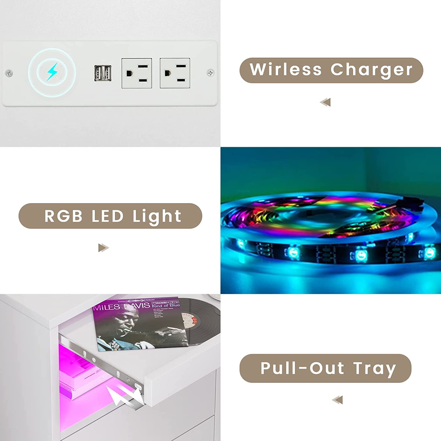 Set of 2 Nightstand with 2 Drawers,Nightstand with Wireless Charging Station and LED Lights, Modern Smart Bedside Table for Living Room Office,White