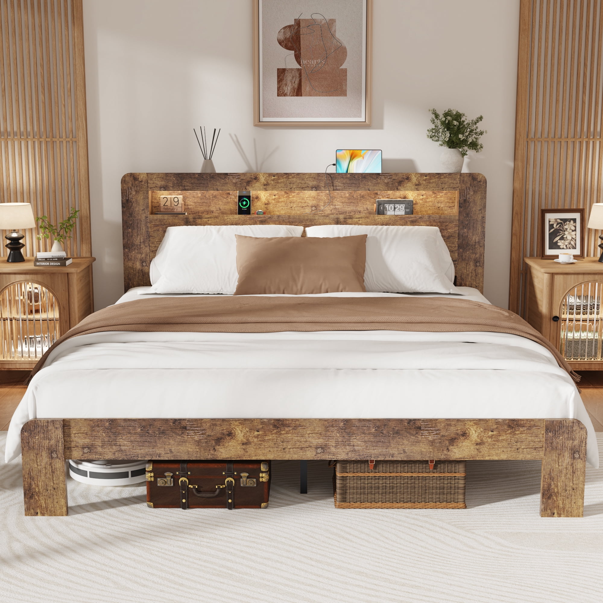 Wooden King Bed Frame with Storage Headboard, Modern Rustic Farmhouse Platform Bed with Charging Station, LED Light, No Box Spring Needed, Noise Free, Easy Assembly, Vintage Brown