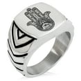 thumbnail image 1 of Stainless Steel Lotus Hamsa Hand of Fatima Chevron Pattern Biker Style Polished Ring, 1 of 1