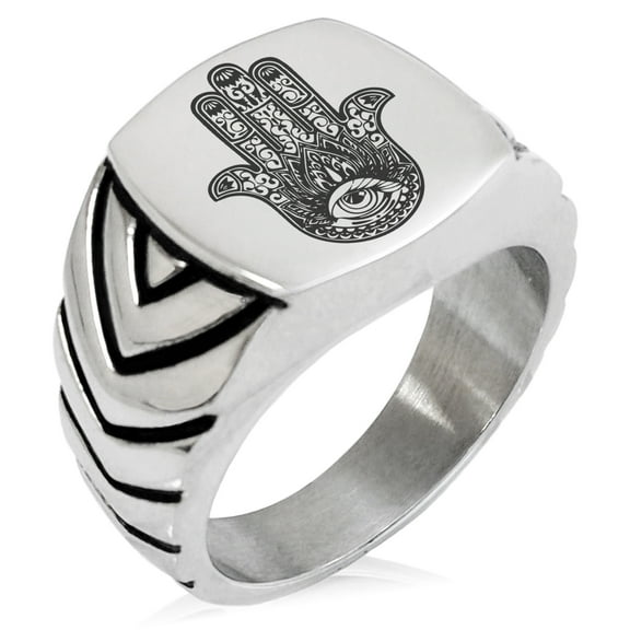 Stainless Steel Lotus Hamsa Hand of Fatima Chevron Pattern Biker Style Polished Ring