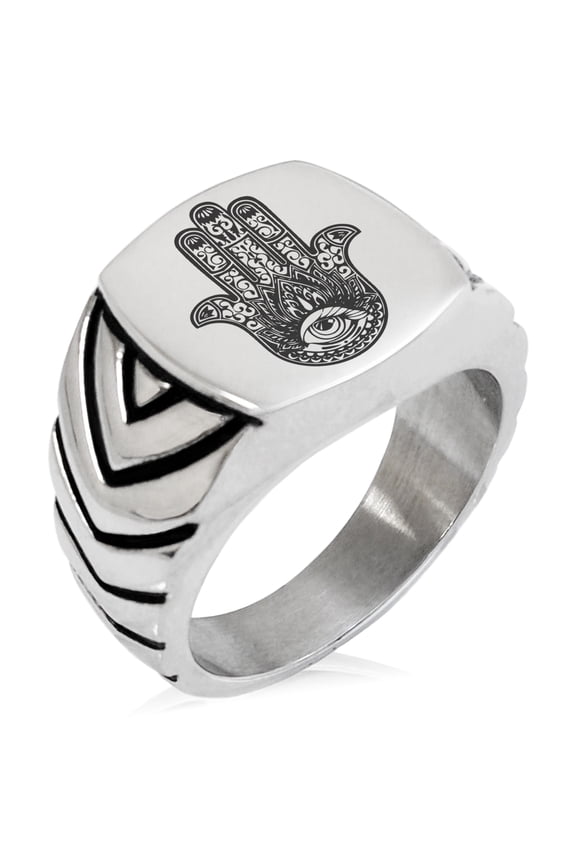 Stainless Steel Lotus Hamsa Hand of Fatima Chevron Pattern Biker Style Polished Ring