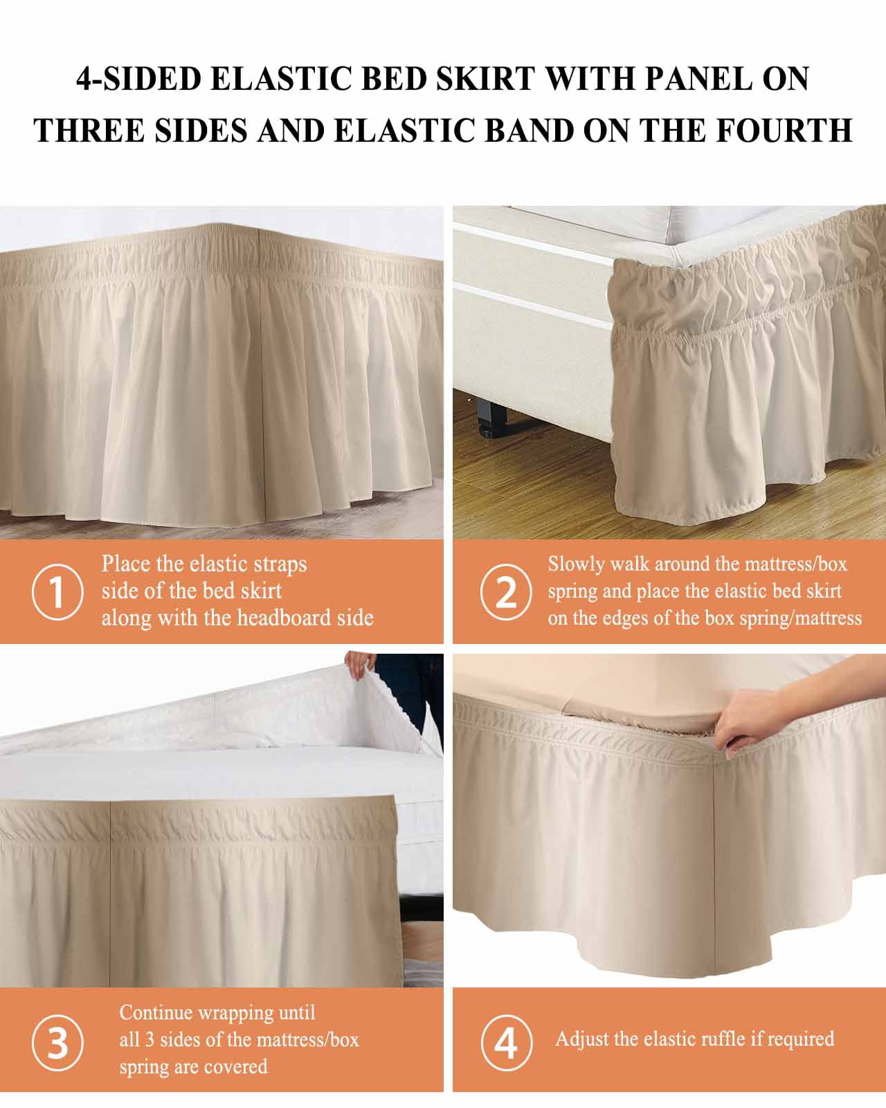 Beige Ombre Bed Skirt Queen Size, Modern Gradient Abstract Art Wrap Around Bed Skirting with Adjustable Elastic Strap, Dust Ruffle Pleated Bedskirts 16 Inch Drop for Bedroom Queen Beds