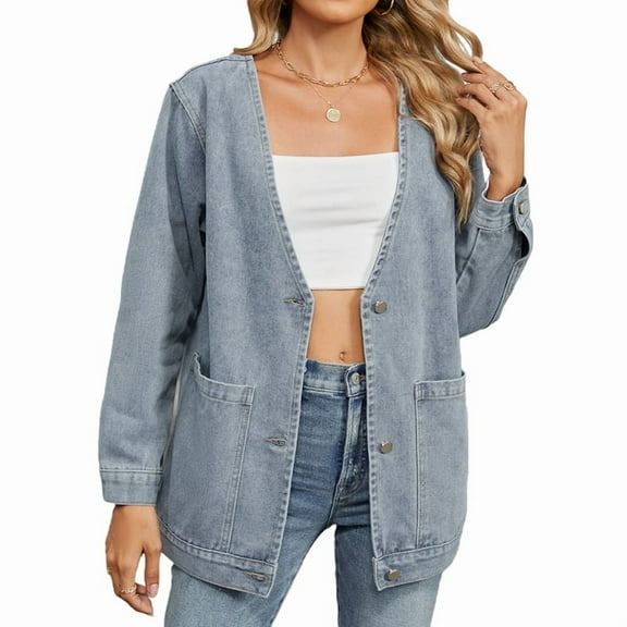 Women'S Long Sleeve Button Down Denim Jacket Casual Deep V Neck Washed Jean Jackets Outerwear Blue S