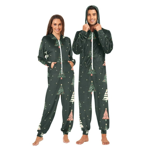 FORMRS Onesies Pajama for Adults Unisex Hoodie Winter Jumpsuit One Piece Sleepwear, Sizes S-2XL, Green Christmas Trees