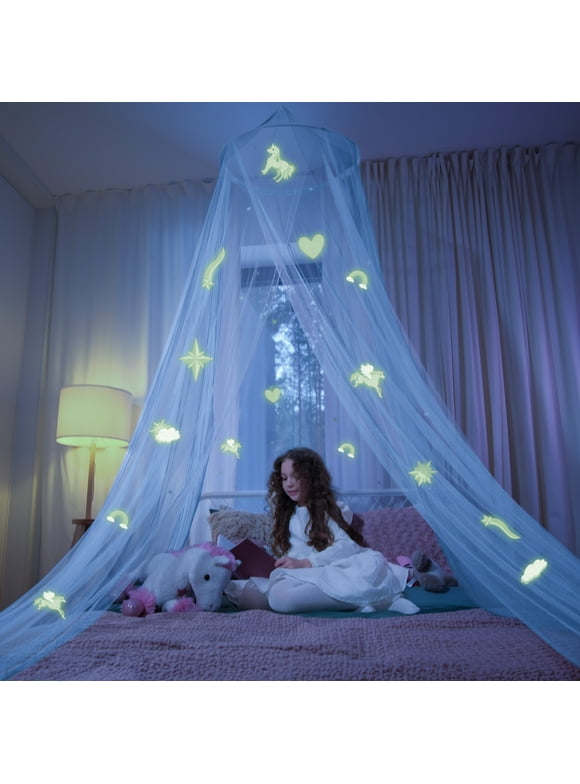 Bollepo Glowing Dark Stars Kids Bed Canopy for Child Girls, Full Size Bed - White Unicorn