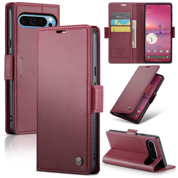 CaseMe Leather For Google Pixel 10 Pro XL Wallet Case with RFID Blocking, For Google Pixel 10 Pro XL Case Wallet for Women Men Card Holder Magnetic Clasp Kickstand Folio Case,Wine Red
