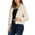 thumbnail image 4 of Abrigo de piel sintética recortado para mujer, chaqueta de invierno de moda, frente abierto, solapa con muesca, manga larga, abrigo esponjoso, talla M, caqui claro, 4 of 6