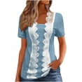 thumbnail image 2 of EchfiProm Square Neck Tops for Women Casual T-Shirts Light Blue Short Sleeve Pullover Lace Solid Womens, 2 of 5