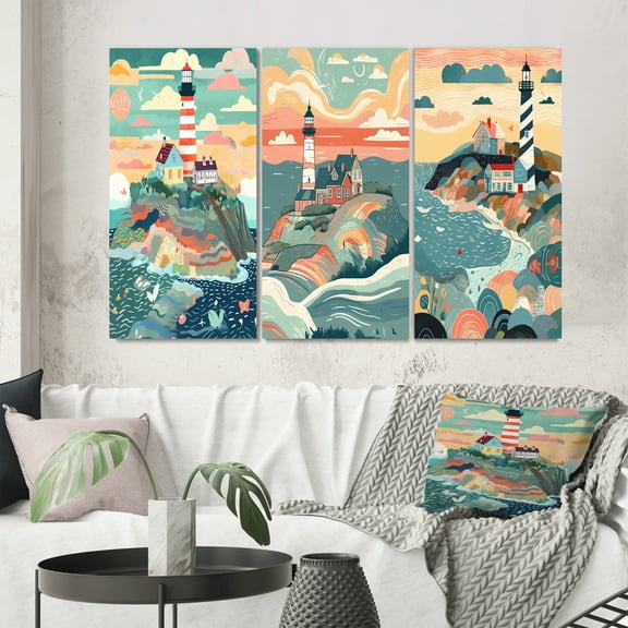 Designart "Guiding Light by the Coast IV" Coastal Wall Art Set Of 3 - Teal Coastal Gallery Set For Office Decor