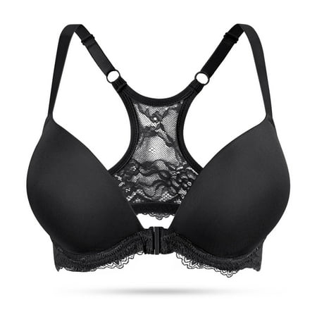 YANDW Push Up Front Closure Plunge Bras for Women Thick Padded Lace Racerback Underwire Bra  Black 40B